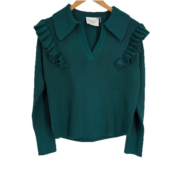 Hyacinth House Womens Casey Collared V Neck Sweater XS Teal Ruffled Preppy Boho - Picture 1 of 10